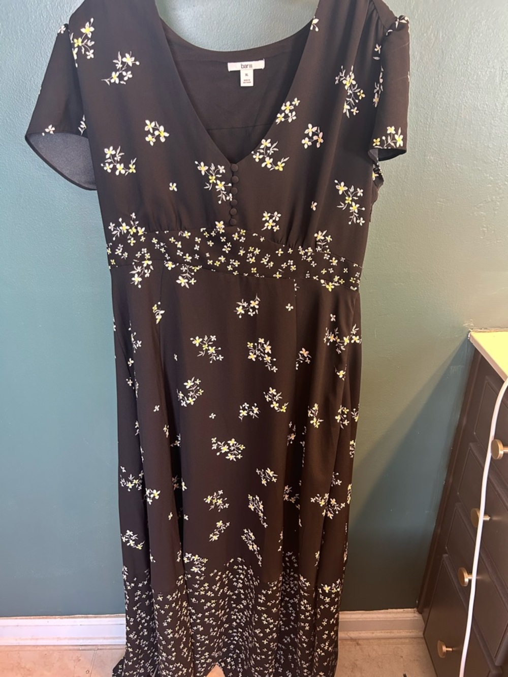 Bar III Black Floral Maxi Dress with White & Yellow Accents